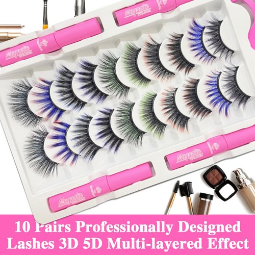 7C SEVENCROWN Color Magnetic Eyelashes Colored Eyelashes for Halloween Party Cosplay Makeup Kit,Magnetic Lashes with Eyeliner, Wispy Cat-Eye Look 18-21MM Fake Eyelash MIX 10 Pairs Cruelty-Free & Vegan