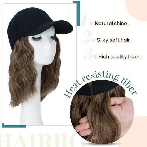 Hairro Cap with Hair Attached For Women Wig Hat with Hair Short Bob style Synthetic Wavy Curly Adjustable Highlight Balayage Ball Cap Wiggy Hair Extensions 8" 180g #10P22T
