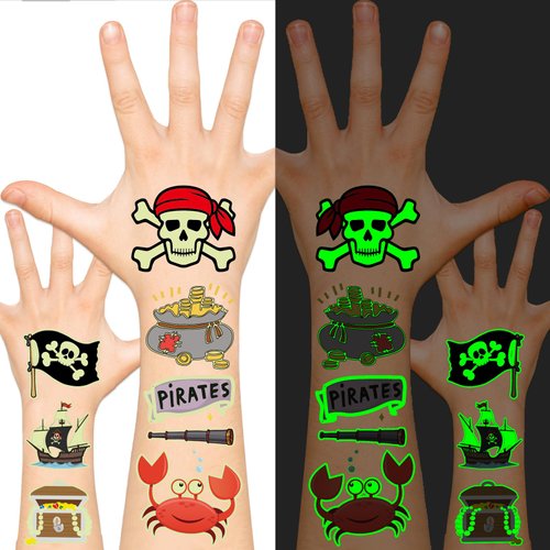 EMOME Glow Tattoos for Kids, Fake Tattoos Stickers for Boys and Girls, Luminous In The Dark Temporary Tattoos Kids, Children Glow Birthday Party Supplies Goodie Bags Stuffers (Pirate)