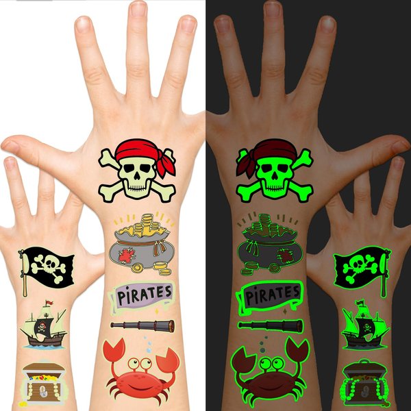 EMOME Glow Tattoos for Kids, Fake Tattoos Stickers for Boys and Girls, Luminous In The Dark Temporary Tattoos Kids, Children Glow Birthday Party Supplies Goodie Bags Stuffers (Pirate)