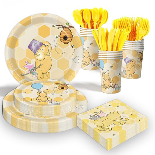 175pcs Classic Winnie Bear Baby Shower Pooh Decorations Birthday Party Supplies Tableware Baby Shower Plates Napkins Cups Cutlery for Gender Neutral Birthday Decoration Dinnerware Set (25 Guest)
