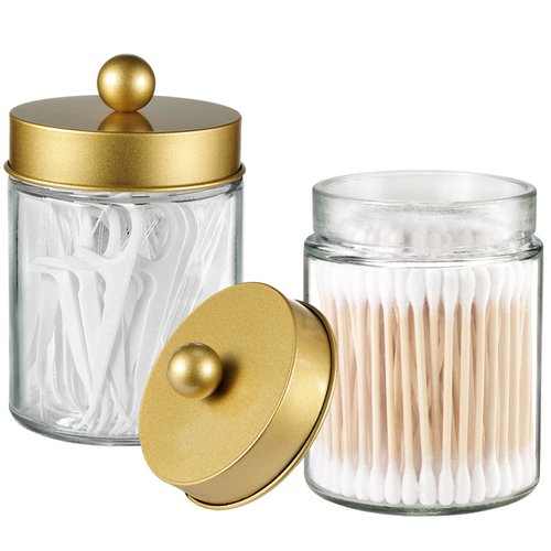 Komashr Apothecary Jar Canisters Bathroom Vanity Organizer - Qtip Holder Storage Organizer Countertop -Stainless Steel Lids &Cute Stickers for Qtips,Cotton Swabs,Makeup Sponges,Floss(3 Pack ) (Gold)