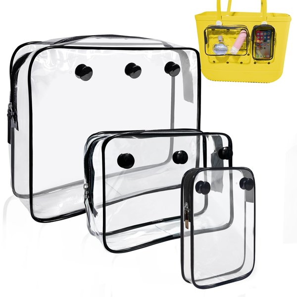 Fiwzzdur 3 Packs Clear Insert Bag Suitable for Bogg Bag Accessories, Designer Zipper Inner Bag Divider Storage Compatible for Bogg Bag, Transparent Travel Toiletry Brush Organizer for Beach Tote Bag
