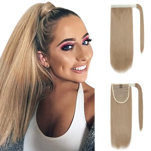 Benehair Wrap Around Ponytail Ash Blonde Hair Extensions Clip in Ponytail Hairpiece One Piece Hair Extension for Women 14 inch Straight Synthetic Valentines Day Gift Party