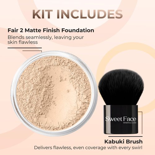 2pc FOUNDATION with KABUKI BRUSH Mineral Makeup (FAIR 2) Matte Loose Powder Bare Face Cosmetics Full Coverage Long Lasting All Skin Types SPF 18