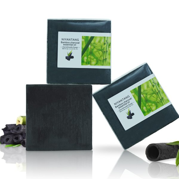 yoniagood 3 Pack Natural Activated Charcoal Soap Bar Black Soap for Face & Body Cleanse, Handmade Bamboo Charcoal Soap with Coconut Oil, Gentle Cleanser Soap for Men Women All Skin Types