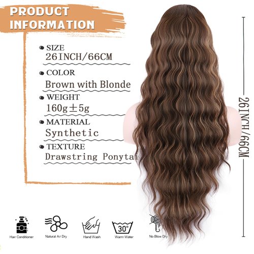 NOSTALGIA Brown Ponytail Extension 26 Inch Long Curly Wavy Drawstring Ponytail Extension Synthetic Hair Extensions Ponytail for Women Daily Use Brown with Blonde Highlights