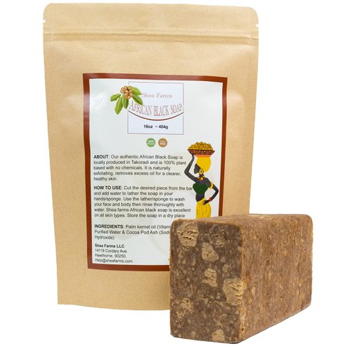 Shea Farms Traditional African Black Soap .5lb/8oz - For Dark Spot Removal, Acne & Body Odor Control, Heat Rashes, Face & Body Wash - Fresh From Ghana.