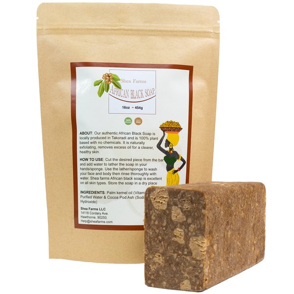 Shea Farms Traditional African Black Soap .5lb/8oz - For Dark Spot Removal, Acne & Body Odor Control, Heat Rashes, Face & Body Wash - Fresh From Ghana.