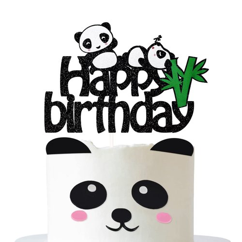 Panda Happy Birthday Cake Topper, Bday Party Decorations Supplies for Kids, Baby Shower Cake Decor, Bamboo Sign, Double-sided Glitter, No-shedding, Pre-assembled