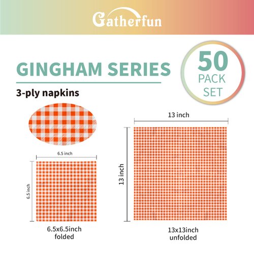 Gatherfun Disposable Paper Napkins 3-ply Orange and White Gingham Beverage Napkins for Dinner, Picnic, Birthday Party（6.5X6.5 in, 50-Pack)