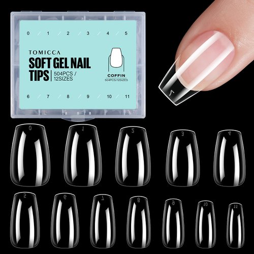 TOMICCA Coffin Nail Tips - 504Pcs Clear Acrylic Nails, 12 Sizes Short Soft Gel Nail Tips, Pre-shaped False Fake Nails Kit for Nail Extension, Full Cover Press on Nails for DIY Nail Salon