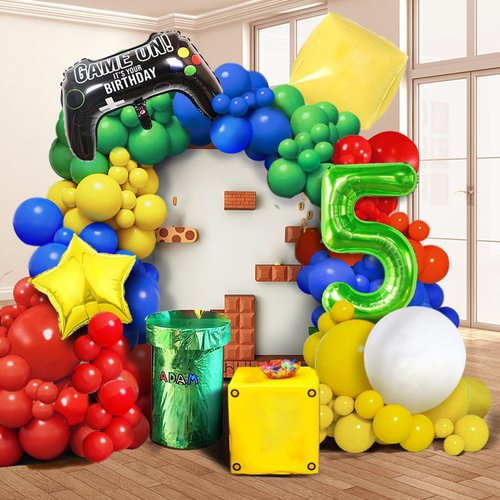 109PCS Red Blue Yellow Green Balloon Garland Arch Kit with and Question Mark Block Balloon, King Boo balloon, Super Star Balloons and for Video Game Mario Theme 5th Birthday Party Decorations
