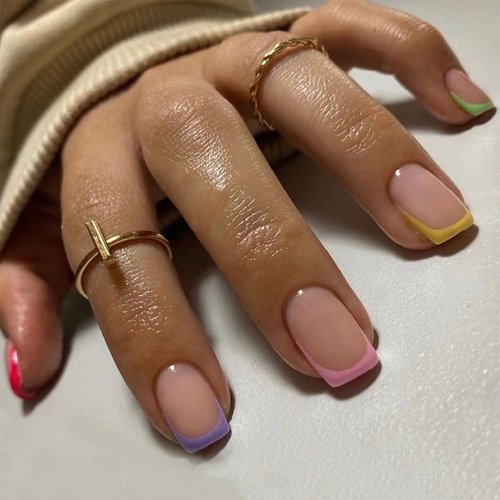 Square Press on Nails Short Cute Rainbow Color French Tip Nails Acrylic False Nails with Designs Artificial Nails Press ons Reusable Glue on Nails for Women and Girls 24 Pcs