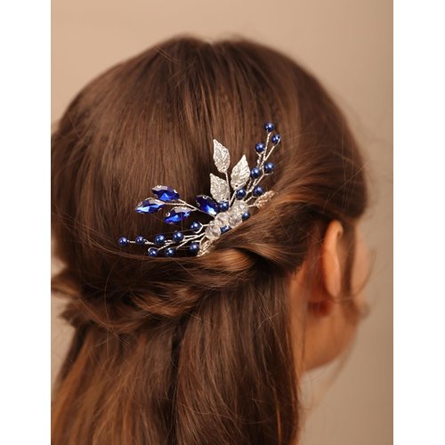 Teyglen Silver Leaf Headpiece Royal Blue Crystal Wedding Hair Comb Pearl Rhinestone Hair Piece for Bridal Wedding Hair Accessories for Women (Blue)