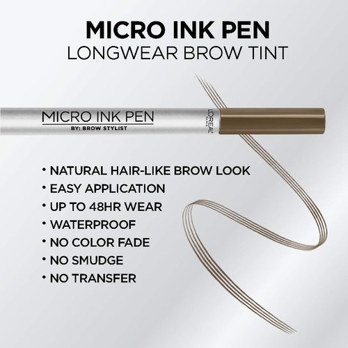 L'Oreal Paris Micro Ink Pen by Brow Stylist, Longwear Brow Tint, Hair-Like Effect, Up to 48HR Wear, Precision Comb Tip, Brunette, 0.033 fl; oz.