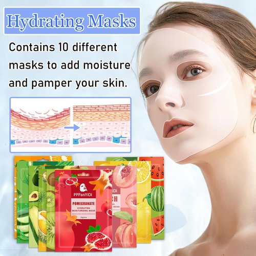 PPPanYiDi 10 Pack Face Sheet Mask Skincare Set,Hydrating Facial Sheet Mask Skin Care Variety Kit,Moisturizing Sheet Facemask Skincare Collection Set for All Skin Types