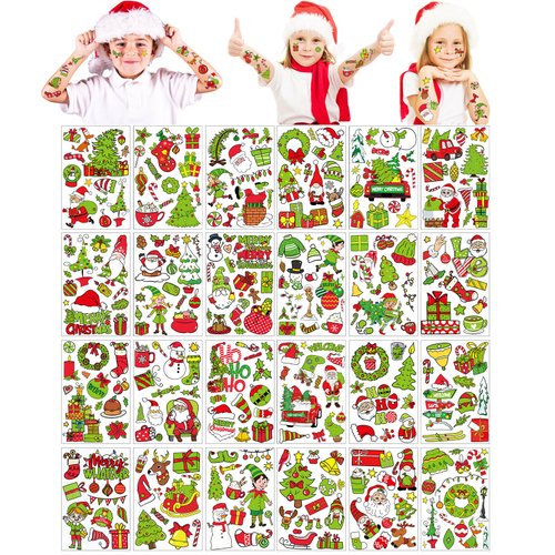 Heigble 120 Sheets Christmas Temporary Tattoos for Kids Lime Green Kids Tattoo Sticker Christmas Fake Tattoos Stickers Christmas Party Favor for Holiday Boy Girl Face Body Xmas Gift Decor