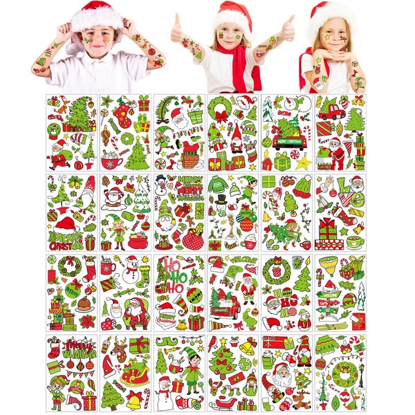 Heigble 120 Sheets Christmas Temporary Tattoos for Kids Lime Green Kids Tattoo Sticker Christmas Fake Tattoos Stickers Christmas Party Favor for Holiday Boy Girl Face Body Xmas Gift Decor