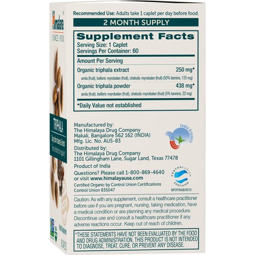 Himalaya Organic Triphala, 2 Month Supply, for Colon Cleanse, Detox & Occasional Constipation, USDA Certified Organic, Non-GMO, Gluten-Free, Extract & Powder Herbal Supplement, 688 mg, 60 Caplets