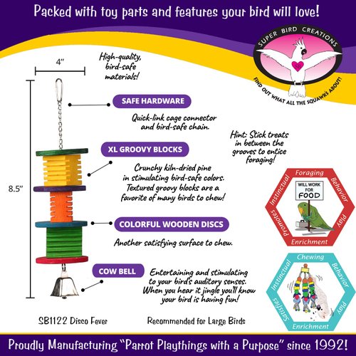 Super Bird Creations SB51122 Disco Fever Bird Toy - for African Greys Parrots Eclectus - Designed with Wooden Blocks & Bell - Stimulating and Interactive Bird Toy - Medium Bird Size, 14.5" x 4" x 4"