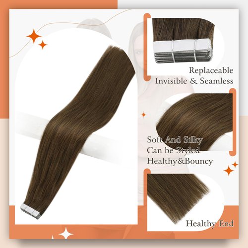 Full Shine 16 Inch Tape In Human Hair Extensions Medium Brown Color 4 Skin Weft Double Side 50 Gram Seamless Skin Weft Straight Hair