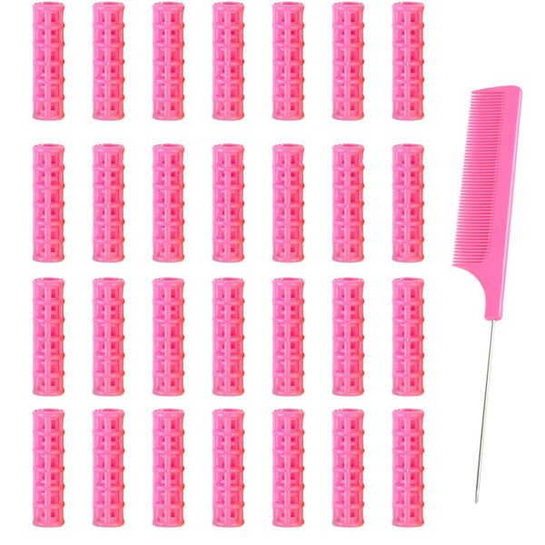 Ulifebetter 28PCS Self Grip Small Hair Rollers Set, 0.6in Plastic No Heat Roller Hair Curlers with Comb Heatless Clips for Short Fine Thin Hair(Pink)