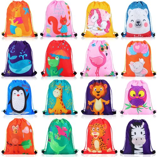 GliCraft 16 Pcs Animal Drawstring Gift Bags for Kids Cartoon Animal Backpack String Bags Party Favor Drawstring Bags for Birthday Party Supplies Decorations