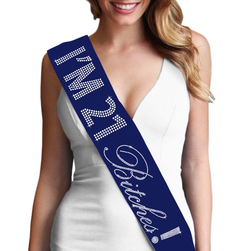 21st Birthday Party Decorations - Crystal Rhinestone I'm 21 Bitches! Premium Satin Sash - 21st Birthday Party Supplies & Decorations - Navy Blue