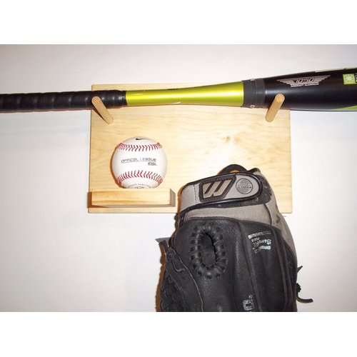 Full Size Baseball Bat Ball Glove Combination Rack Display Case Natural Finish Wall Mount Holder