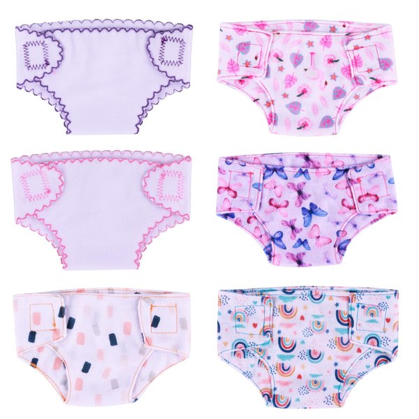 BABESIDE 6 PCS Baby Doll Diapers Underwear for 12-15 Inches Doll, Reusable Doll Diapers Fits Baby Doll, Baby Doll Accessories Pretend Play Caring Toy Kids