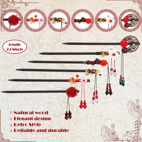WILLBOND 6 Pcs Chinese Hair Chopsticks for Women Wooden Hair Accessories Japanese Floral Hair Sticks Retro Tassel Flower Vintage Hairpins Handmade Hair Pins for Women Long Curly Hair(Vintage Pattern)