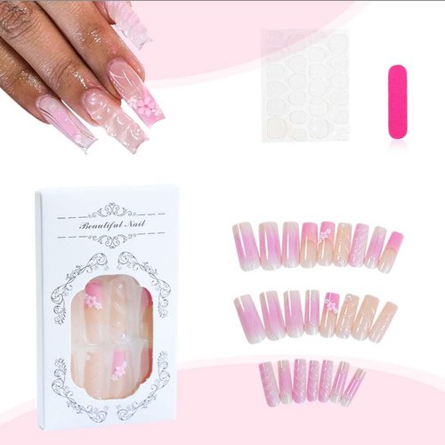 Foccna Press on Nails Acrylic Long Square Bling Glossy 3D Flower False Nail Tips Pink Fake Nails Artificial Nails Finger Manicure for Women and Girls-24pcs