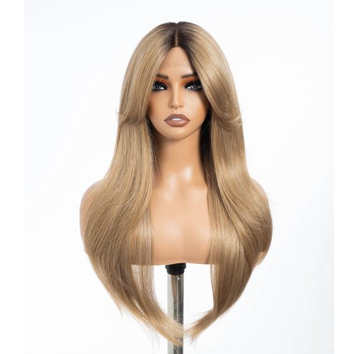 DÉBUT Synthetic Lace Front Wigs with Curtain Bangs, Ombre Blonde Long Straight Layered Wigs with Bangs, Middle Part with Natural Hairline Lace Front Wigs for Women, Dark Roots to Blond Color 26 Inches