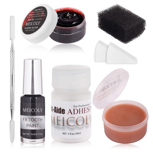 MEICOLY 7PCS Halloween Special Effects SFX Makeup Kit for Theatre Stage Performance,Scar Wax+Spatula Tool+Coagulated Blood+Black Stipple Sponges+White Sponges+Black Tooth Paint+Scar Wax Adhesive