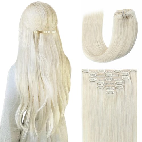 EYEFULL STELL Clip in Hair Extensions Real Human Hair 16inch 120g 7PCS Platinum Blonde Straight C...