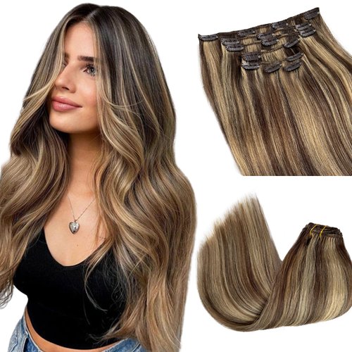 Clip in Hair Extensions Balayage Human Hair Clip in Extensions Medium Brown to Caramel Blonde 22 Inch 7PCS Remy Human Hair Extensions Clip ins Long Brown with Blonde Highlights Extensions Clip in