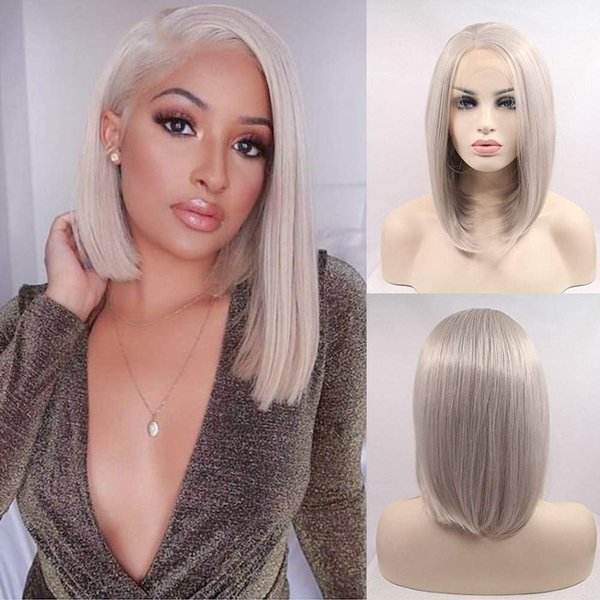xiweiya 14inch Silver Grey Lace Front Wigs Short Cut Grey Synthetic Lace Front Wigs Middle Parting Heat Resistant Fiber Wigs For Women Platinum Gray Wigs