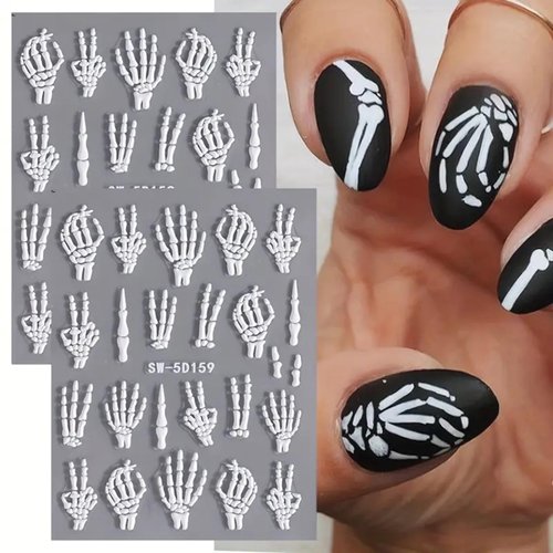 2Pcs Halloween Skull Nail Art Stickers 5D Embossed Nail Decals Skeleton Nail Stickers Horrible Hand Finger Bones Halloween Nail Design Adhesive White Skull Nail Supplies for Women Nail Decoration