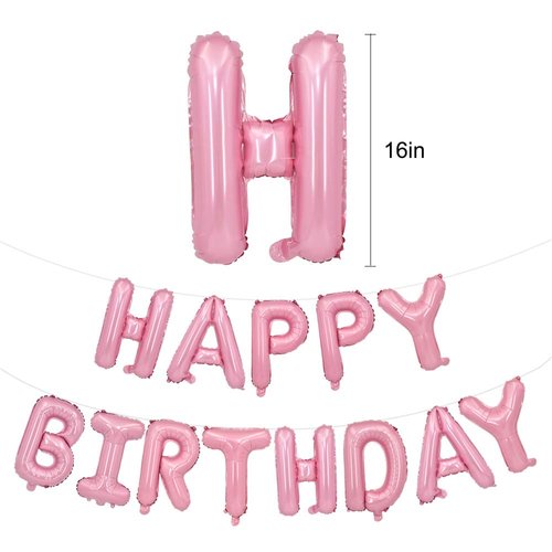 TONIFUL Light Pink Happy Birthday Balloons Banner, 16 Inch Mylar Foil Letters Birthday Sign Bunting Reusable for Girls Boys Kids & Adults Birthday Decorations and Party Supplies