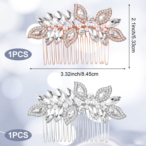 HINZIC 2pcs Wedding Hair Combs Crystal Rhinestone Bridal Hair Combs Pearl Hair Comb Side Wedding Hair Pieces Wedding Hair Accessories for Brides Women Girls(Pink-gold, Silver)