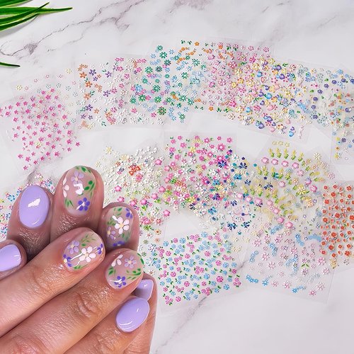 30 Sheets Flowers Nail Art Stickers Decals 3D Self-Adhesive Colorful Flower Rose Daisy Cherry Blossoms Nail Stickers Design Flowers Nail Art Supplies Charms for Nail Art Manicure Tips Decoration