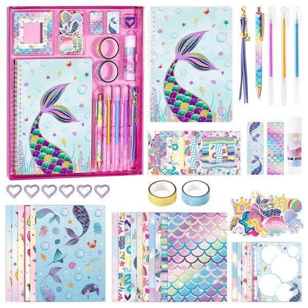 DIY Journal Kit for Girls - 66 Pcs Kids Mermaid Diary Set Girls Stationery Set Scrapbook Diary Journaling Art Crafts Set Mermaid Gift Kit School Supplies Birthday Gift for Girls Ages 8 9 10 11 12 Year Old