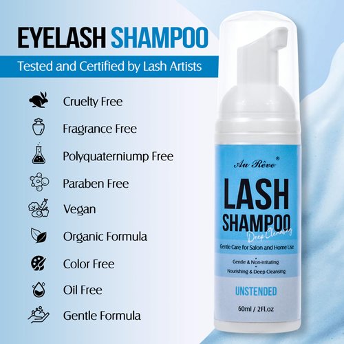 Lash Shampoo for Lash Extensions 60 Ml/2fl.oz Eyelash Extension Cleanser Oil Free Lash Cleanser for Eyelash Care, Gentle Foaming Eyelash Shampoo with Brush for Salon Home Care (Unscented 60ml)