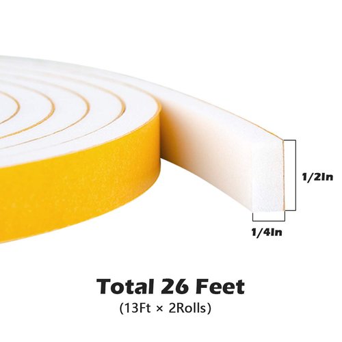 White Door Weather Stripping Self Adhesive Foam Tape High Density Foam Sealing Strip Window Insulation Weatherproof Gasket Tape 1/2" Wide X 1/4" Thick, 13 Ft X 2 Rolls, Total 26 Feet