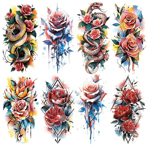 Oottati 8 Sheets Arm Waterproof Temporary Tattoos Colorful Flower Snake Red Rose Leaf