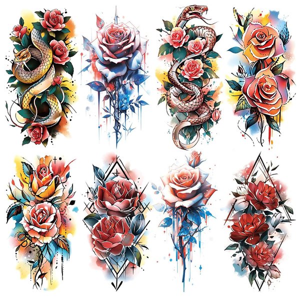 Oottati 8 Sheets Arm Waterproof Temporary Tattoos Colorful Flower Snake Red Rose Leaf