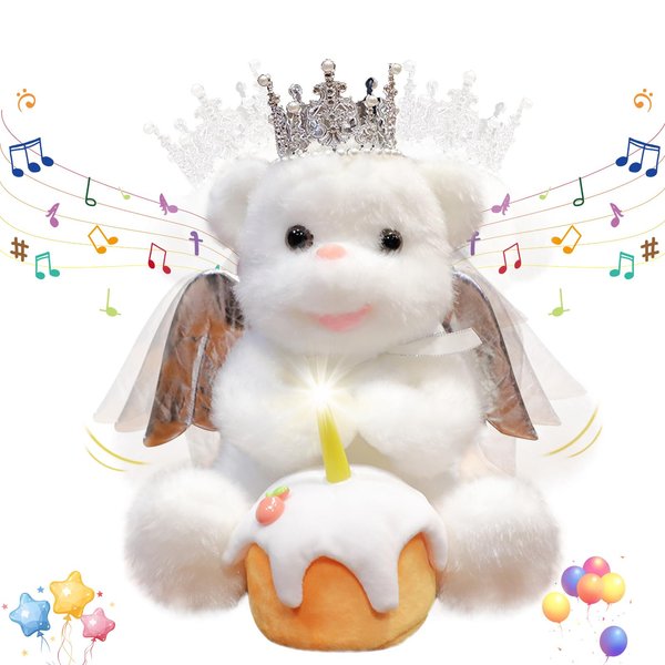Voice Recorder Singing Angel Teddy Bear With Flapping Wings LED Candle Light Shaking Head Singing Cheerful Birthday Song Plush Interactive Toy Birthday Gifts Birthday Decoration For Kids Adults 12.5”