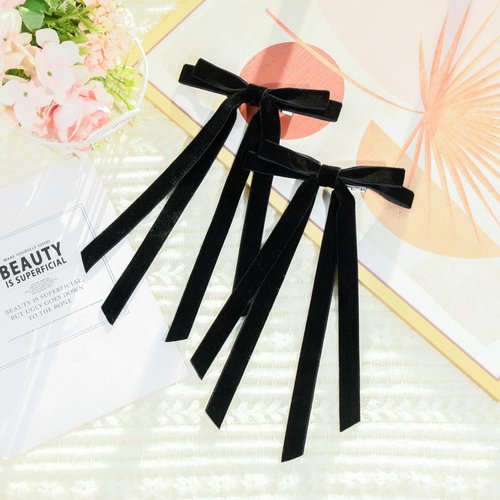 2PCS Velvet Hair Bows Ribbon Hair Clip Black Ponytail Holder Accessories Slides Metal Clips Hair Bow for Women Girls Toddlers Teens Kids