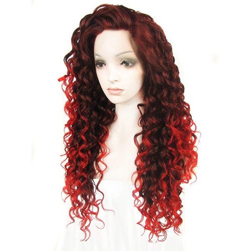 Ebingoo +Wig Cap Omber Red Black Lace Front Wig Ombe Wine Red Curly Lace Front Wig Long Curly Lace Front Wig Free Part Synthetic Wig Burgundy Lace Front wigs Red Wig for Women Party Halloween